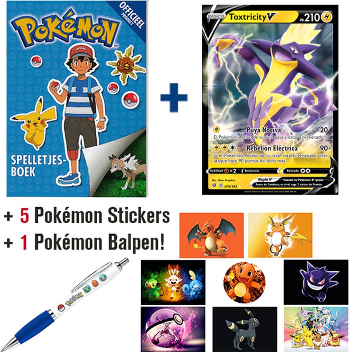 Pokémon Spelletjesboek + Toxtricity V Promotiekaart (Spaanse versie)  + Pokémon Balpen + 5 Pokémon Stickers {Speelgoed voor kinderen jongens meisjes - Pokemon GO Sword & Shield Spelletjes Sticker Boek}